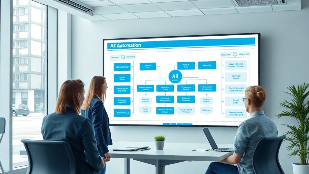 Equipo de empresa española revisando flujos de automatización con IA en pantalla grande de oficina moderna
