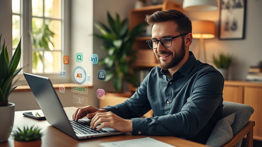 IA para pymes España: propietario de pequeño negocio usando herramientas de inteligencia artificial en su oficina